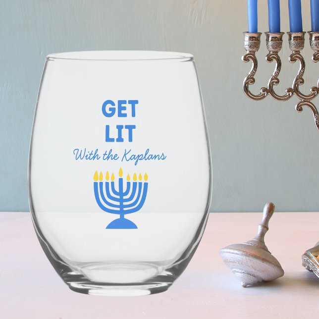 Funny "Get Lit" Chic Personalized Menorah Hanukkah Stemless Wine Glass (Creator Uploaded)