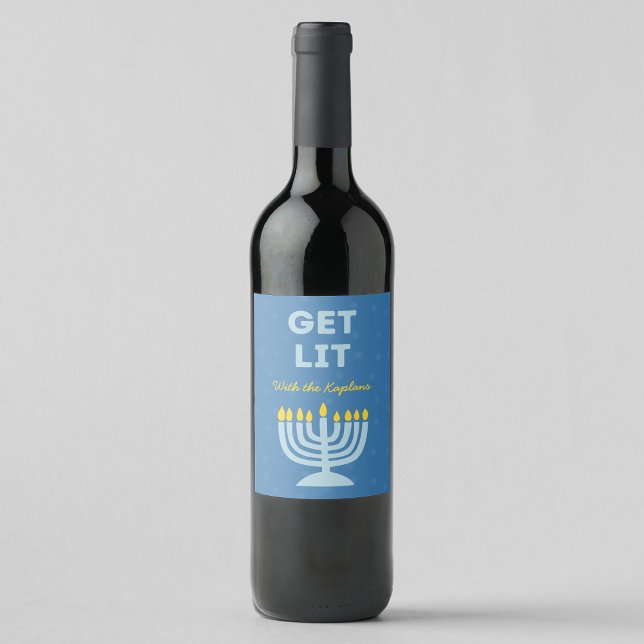 Funny "Get Lit" Chic Personalized Menorah Hanukkah Wine Label (Creator Uploaded)