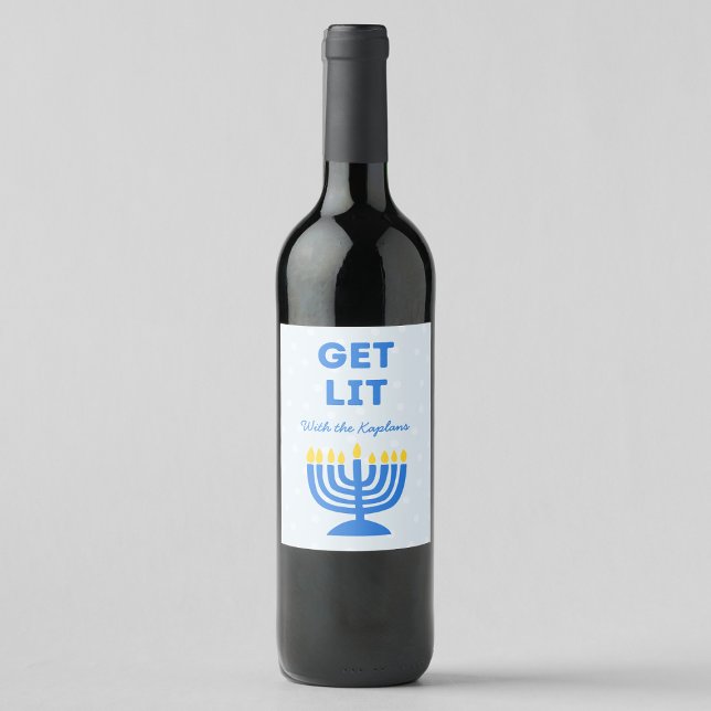 Funny "Get Lit" Chic Personalized Menorah Hanukkah Wine Label (Creator Uploaded)