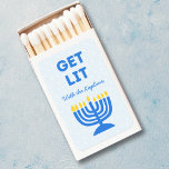 Funny "Get Lit" Hanukkah Menorah Chic.Personalized Matchboxes<br><div class="desc">Add a playful touch to your Hanukkah celebrations with this cheeky "Get Lit" matchbox! Featuring a bold blue menorah illustration and customizable family name text, this matchbox is perfect for lighting the menorah and setting a festive mood. The lighthearted design, with its modern polka dot background and vibrant colors, brings...</div>