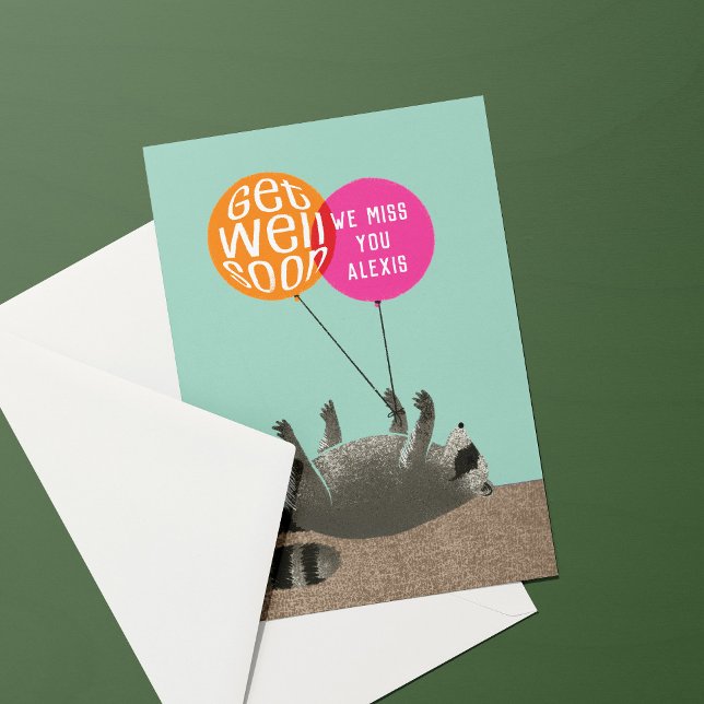 Funny Get Well Raccoon Balloons Card (funny dark humor get well soon card with dead raccoon and balloons tied to a foot)