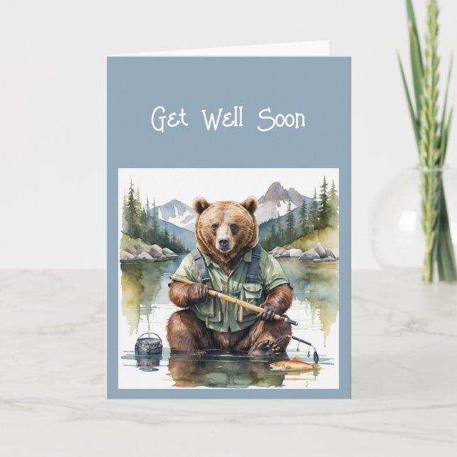 Funny Get Well Soon Fisherman Bear Animal Humor Holiday Card (Front)