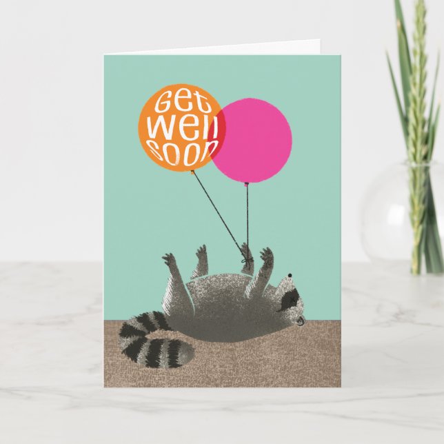 Funny Get Well Soon Raccoon Balloons Card (Front)