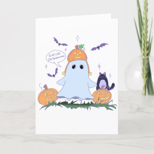 Funny Ghost and Halloween Cat Greeting Card