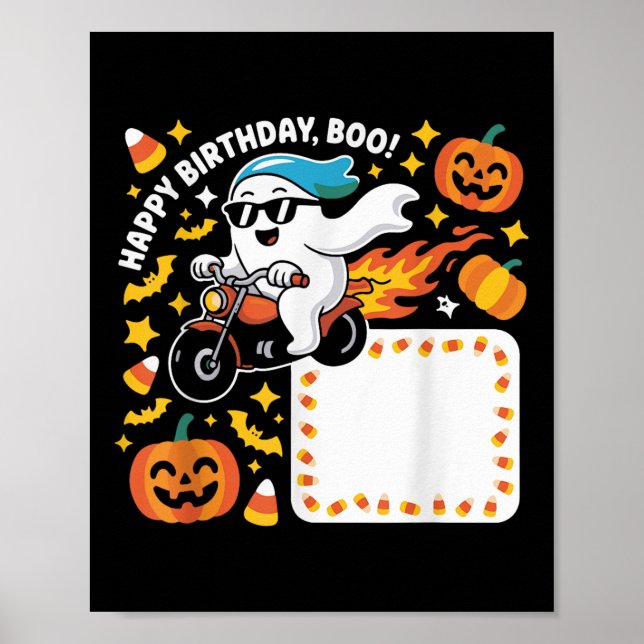 Funny Ghost Biker Halloween Design With Flames And Poster (Front)
