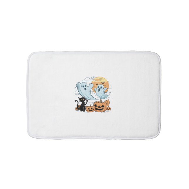 Funny Ghost & Black Cat Lazy Halloween Spooky Seas Bath Mat (Front)
