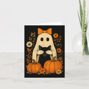 Funny Ghost Bow Holding Black Cat Fall Halloween Card