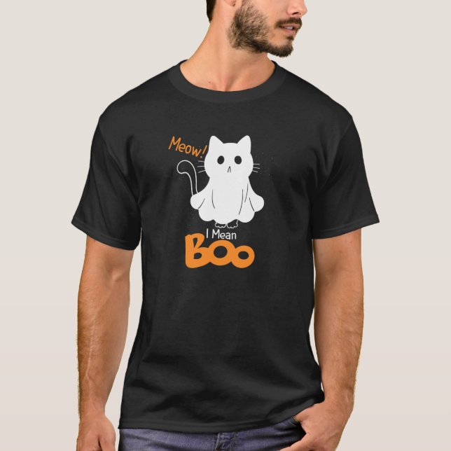 Funny Ghost Cat Meow I Mean Boo Pumpkin Moon Hallo T-Shirt (Front)