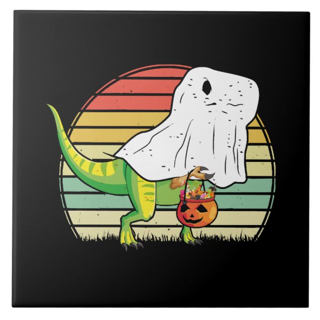 Funny Ghost Dinosaur Halloween Ceramic Tile (Front)