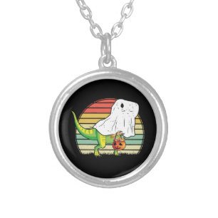 Funny Ghost Dinosaur Halloween Silver Plated Necklace