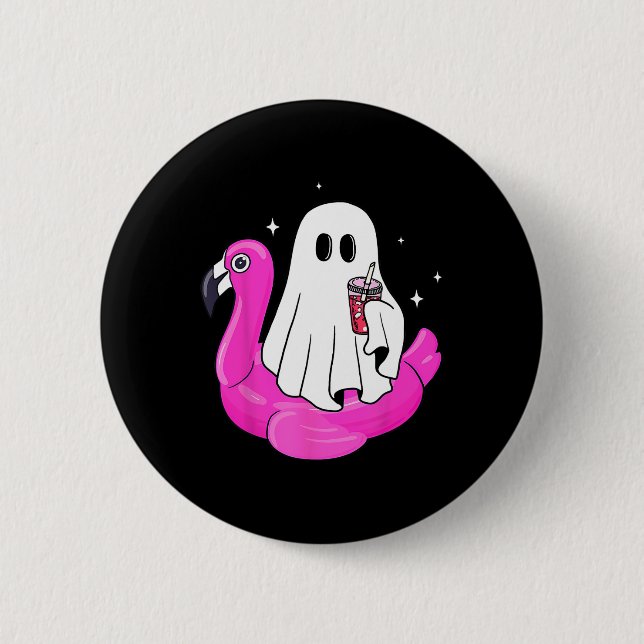 Funny Ghost Flamingo Float Pool Spooky Summer Summ Button (Front)