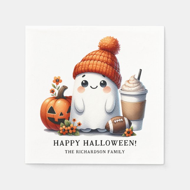 Funny Ghost Football Theme Happy Halloween Napkins (Front)