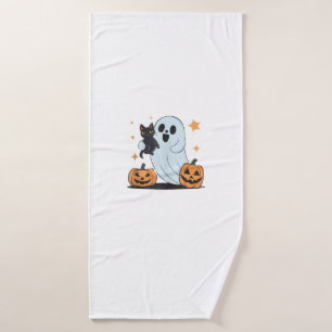 Funny Ghost Holding A Black Cat Lazy Halloween Spo Bath Towel