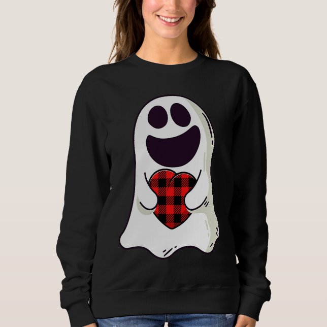Funny Ghost Hugging Red Hearts Plaid buffalo Valen Sweatshirt (Front)