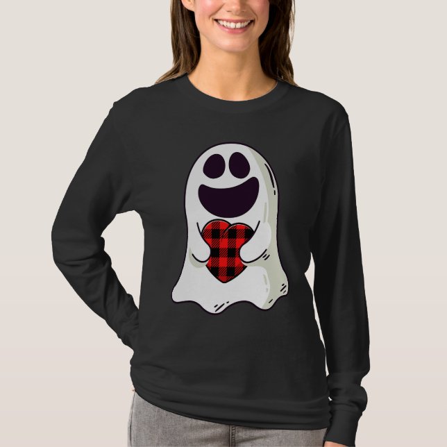 Funny Ghost Hugging Red Hearts Plaid buffalo Valen T-Shirt (Front)