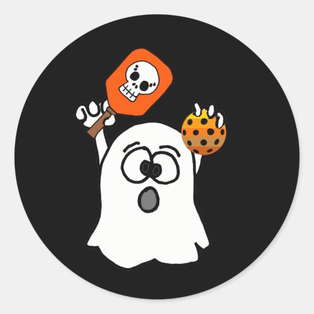 Funny Ghost Playing Pickleball Halloween Classic Round Sticker (Front)