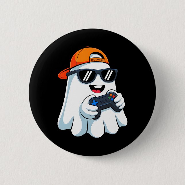 Funny Ghost Playing Video Game Halloween Gaming Bo Button (Front)