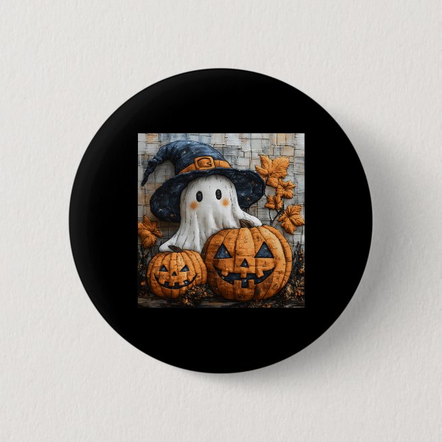 Funny Ghost Pumpkin Cute Halloween Patchwork Art 1 Button (Front)