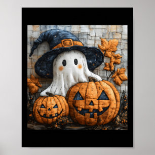 Funny Ghost Pumpkin Cute Halloween Patchwork Art 1 Poster