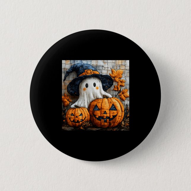 Funny Ghost Pumpkin Cute Halloween Patchwork Art  Button (Front)