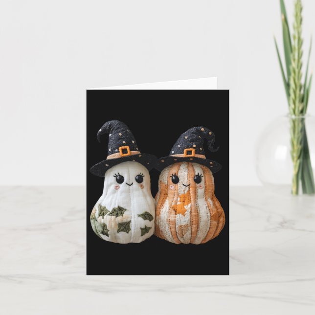 Funny Ghost Pumpkin Cute Halloween Patchwork Art  Card (Front)