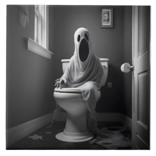 Funny ghost sitting in toilet ceramic tile