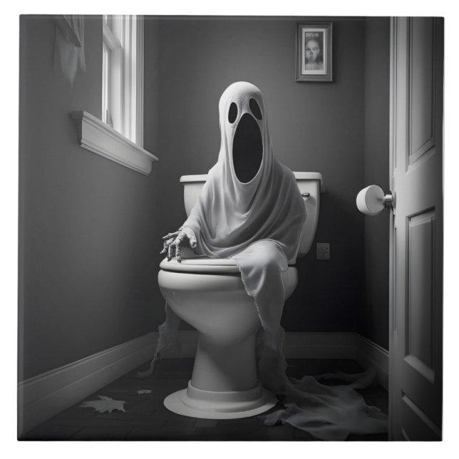 Funny ghost sitting in toilet ceramic tile (Front)