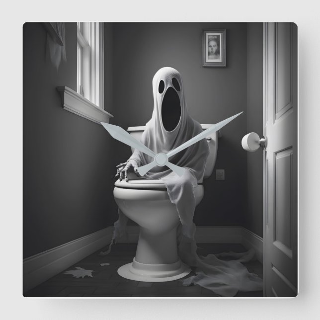 Funny ghost sitting in toilet square wall clock (Front)