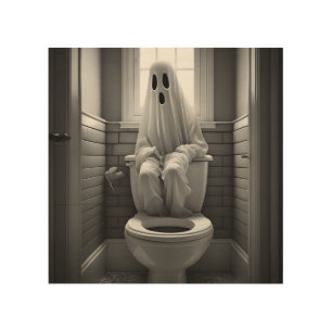 Funny ghost sitting in toilet wood wall art