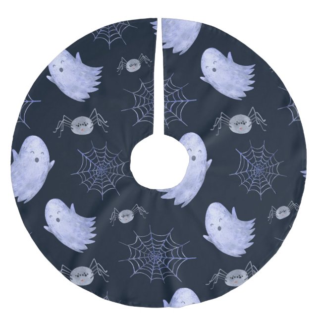 Funny Ghost Spider Halloween Pattern. Brushed Polyester Tree Skirt (Front)