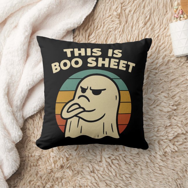 Funny Ghost "This Is Boo Sheet" Retro Halloween Throw Pillow (Blanket)