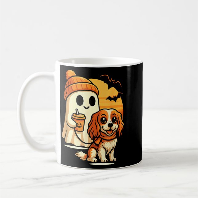 Funny Ghost Walking Cavalier King Charles Dog Coffee Mug (Left)