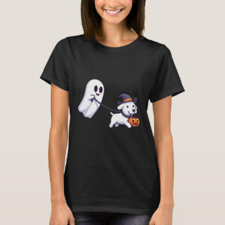 Funny Ghost Walking Dog Ghost Dog Halloween Night  T-Shirt