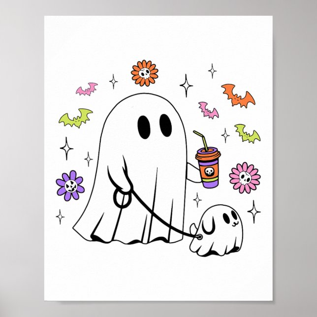 Funny Ghost Walking Dog Spooky Ghost Coffee Hallow Poster (Front)