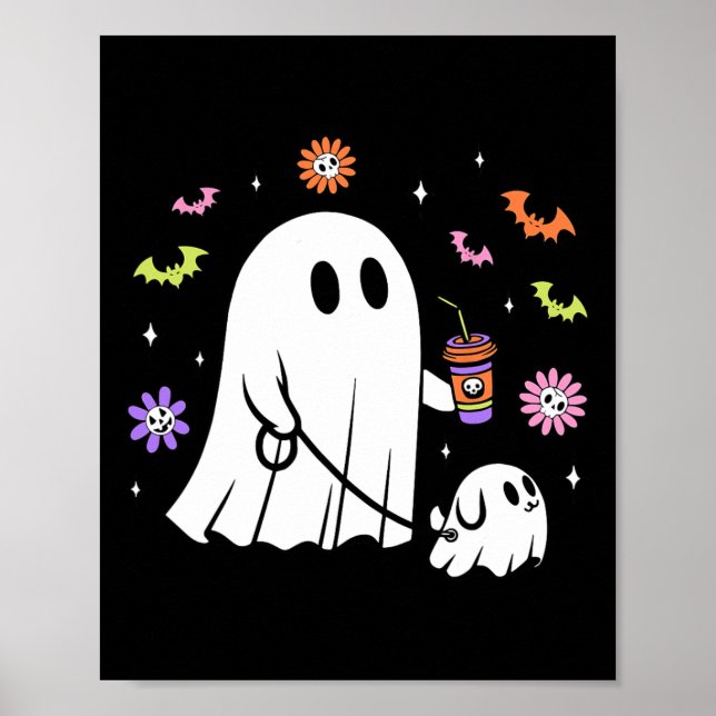 Funny Ghost Walking Dog Spooky Ghost Coffee Hallow Poster (Front)