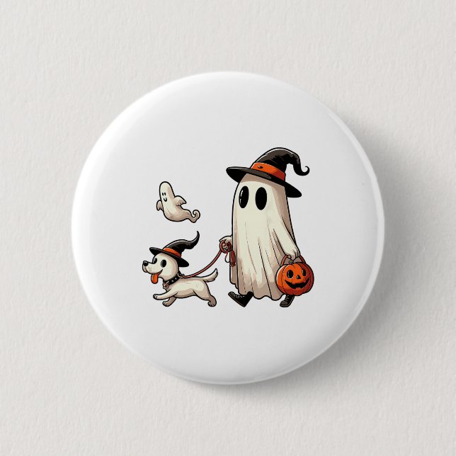 Funny Ghost Walking Dog Spooky Season Halloween Co Button (Front)