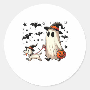 Funny Ghost Walking Dog Spooky Season Halloween Co Classic Round Sticker