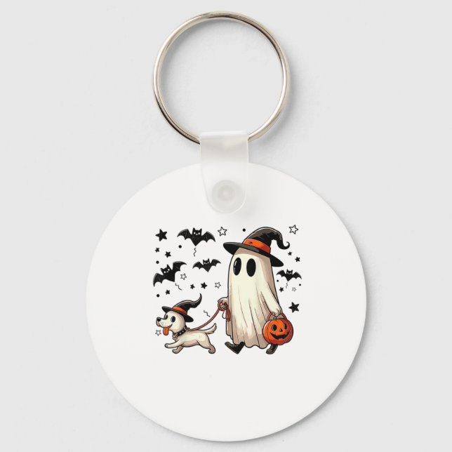 Funny Ghost Walking Dog Spooky Season Halloween Co Keychain (Front)