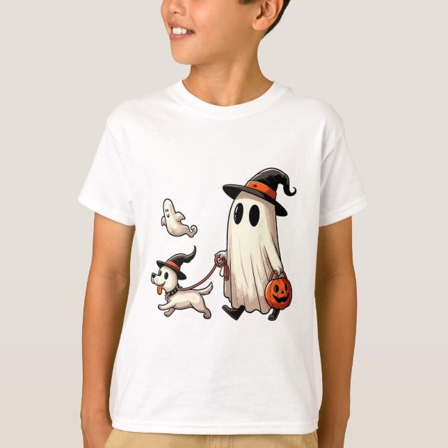 Funny Ghost Walking Dog Spooky Season Halloween Co T-Shirt (Front)