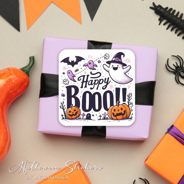 Funny Ghosts and Pumpkins Happy Boo Kids Halloween Square Sticker (Creator Uploaded)