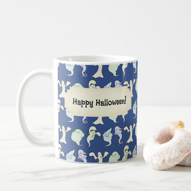 Funny Ghosts Happy Halloween Pixel Art Pattern Coffee Mug (With Donut)