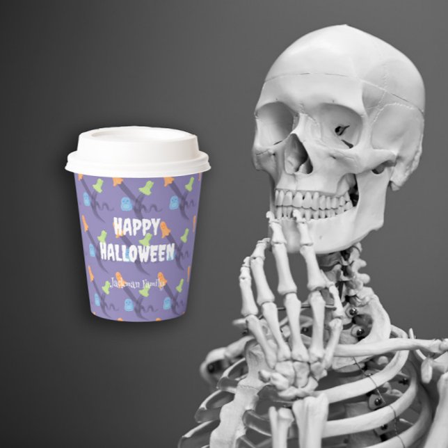 Funny ghosts on lilac. Customizable Halloween Paper Cups (Funny ghosts on lilac. Customizable Halloween Paper Cups)