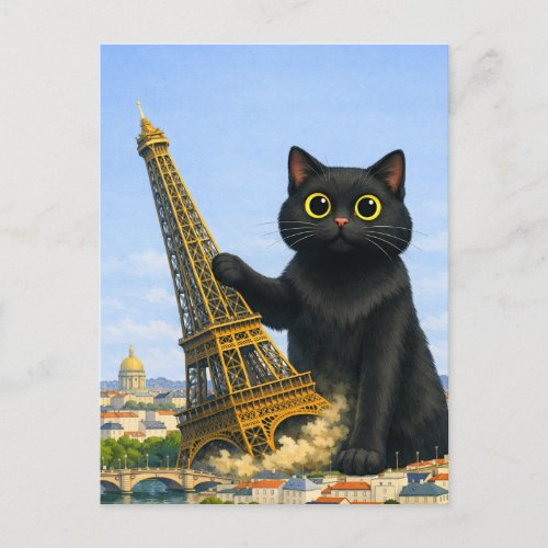 Funny Giant Black Cat Topples Eiffel Tower  Postcard