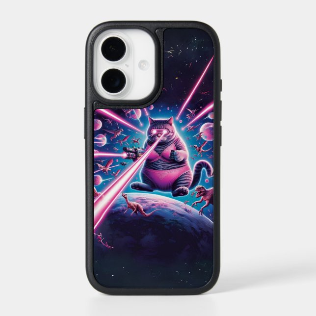 Funny giant cat and dinosaurs in space  otterbox iPhone case (Back)