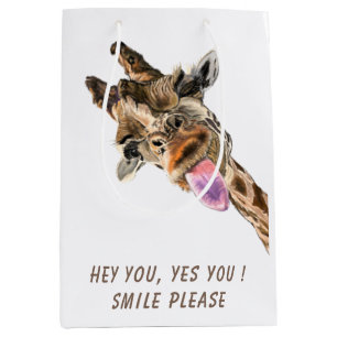 Funny Gift Bag Playful Giraffe Smile - Custom Text