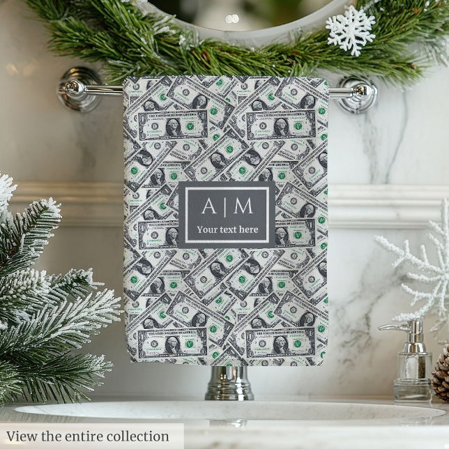 Funny gift classic dollar print with custom name bath towel set (Funny gift chic money lover’s monogram birthday)