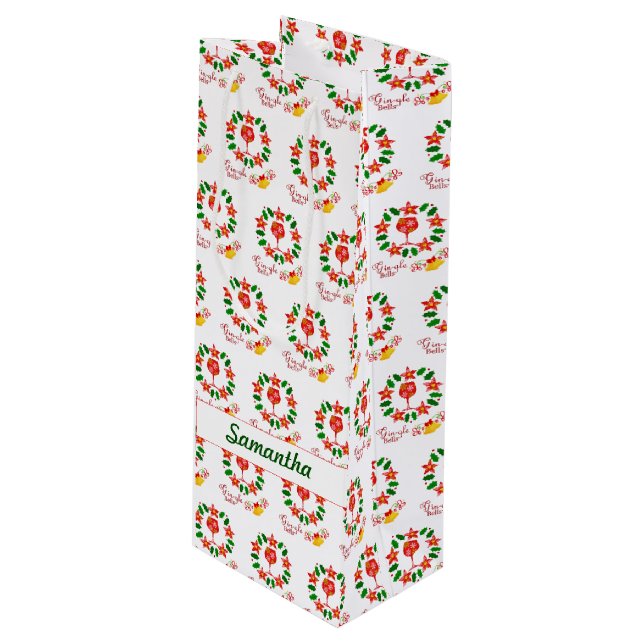 Funny Gin-gle Bells Christmas Holiday Bottle Wine Gift Bag (Front Angled)