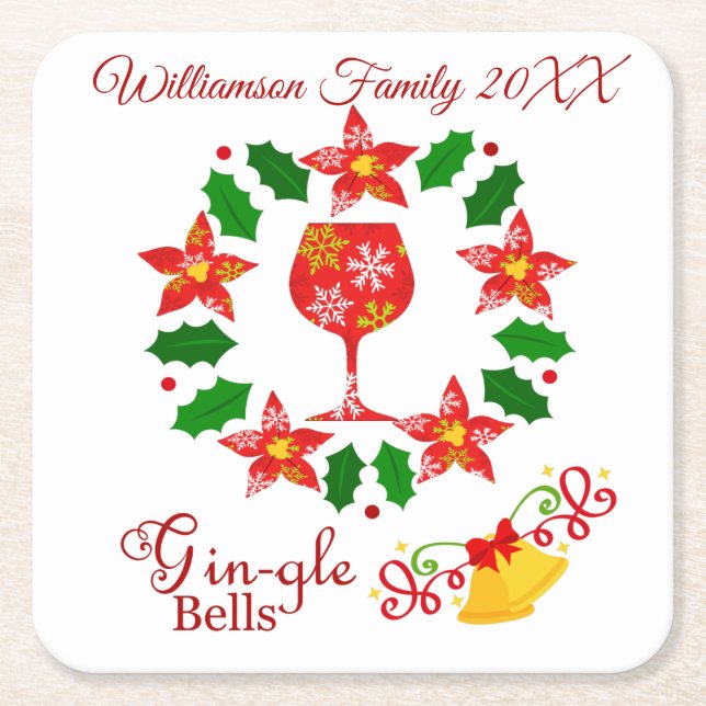 Funny Gin-gle Bells Christmas Square Paper Coaster (Front)