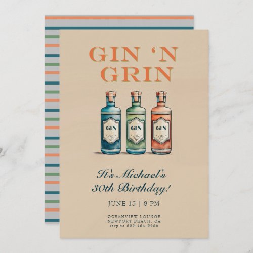 Funny Gin n Grin Bottle Humorous Men 30th Birthday Invitation
