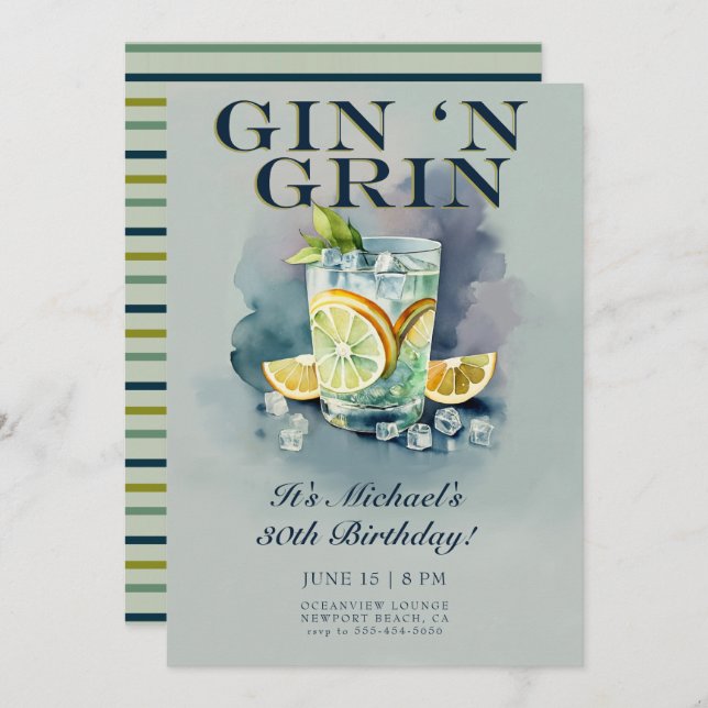 Funny Gin n Grin Cocktail Party Men 30th Birthday Invitation (Front/Back)